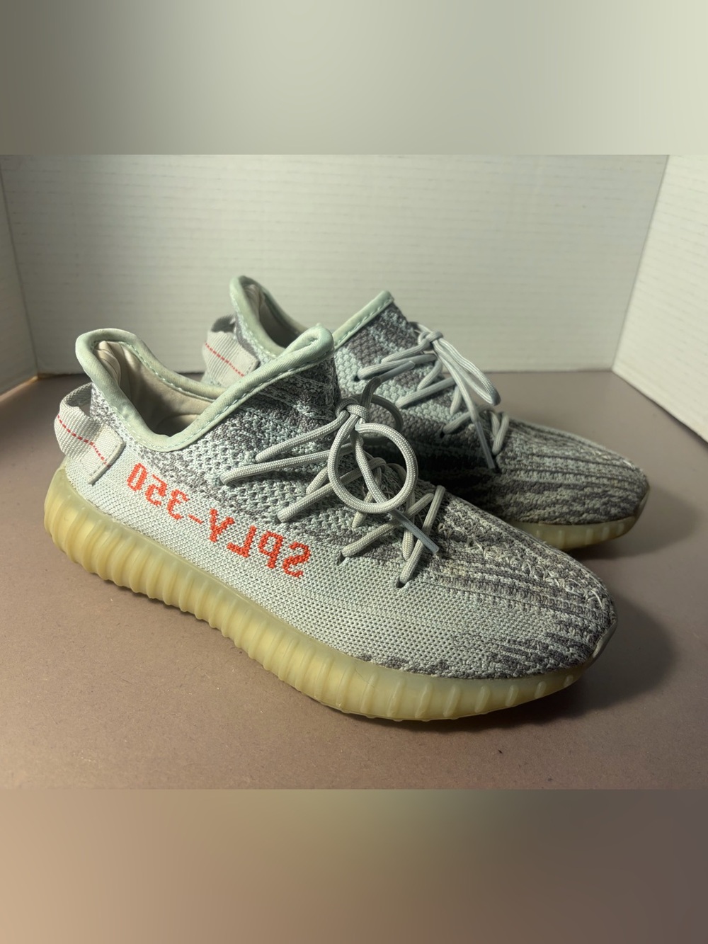 Yeezy Boost 350 V2 Light Gray Knit Sneakers with Orange Stripe